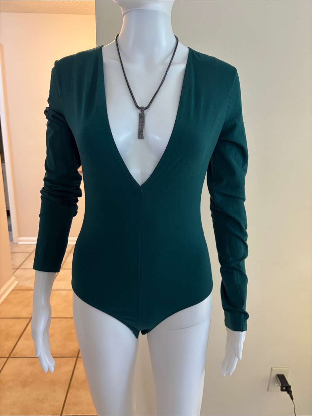 Deep Teal Long Sleeve V-Neck Bodysuit by Express One Eleven